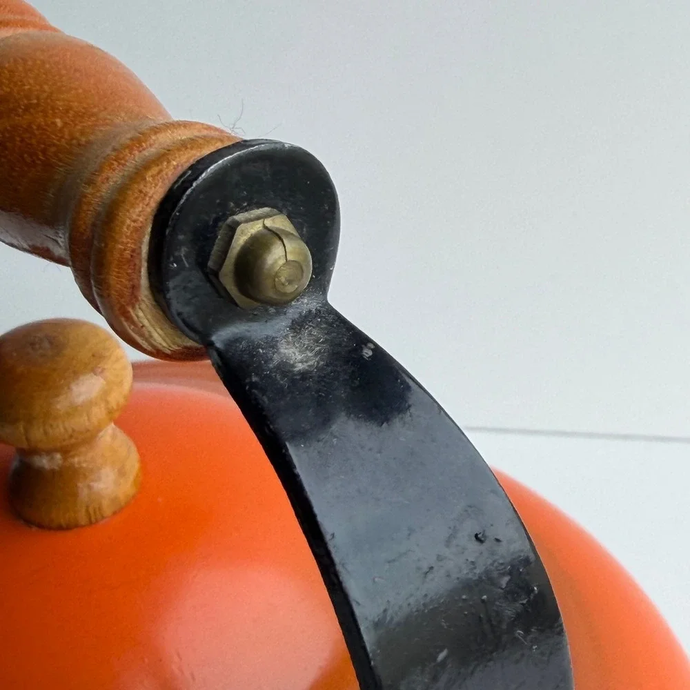 Vintage Enamel Tea Kettle Orange Ombre Wood Handle Stovetop Pot Made in Taiwan